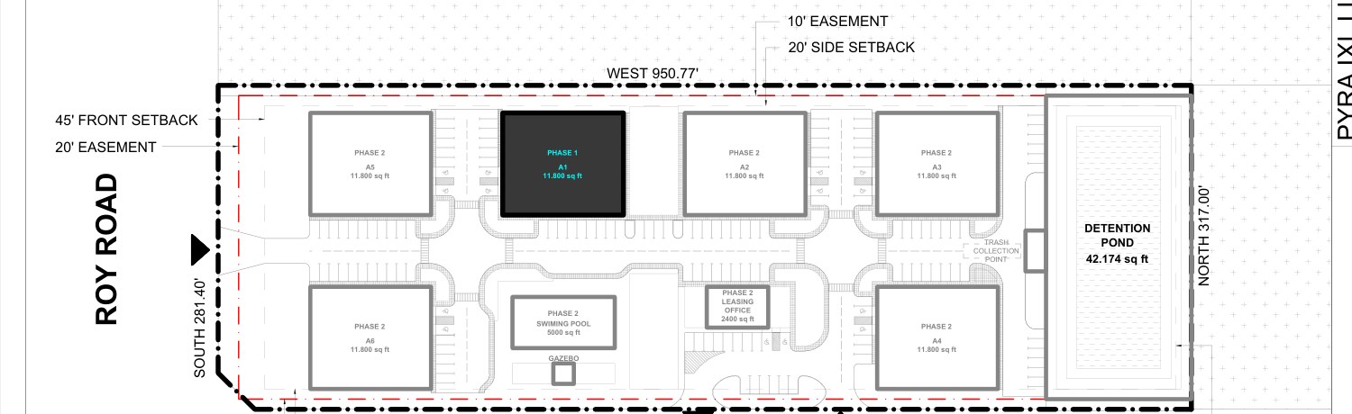 Before: six apartment buildings, 70,800 SF, 145 spaces. Not permitted under SR-12.