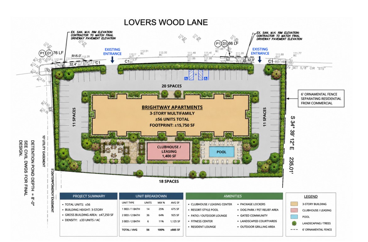 The plan as drawn: one three-story building, 56 units. Correctly designed, simply too small for the land.