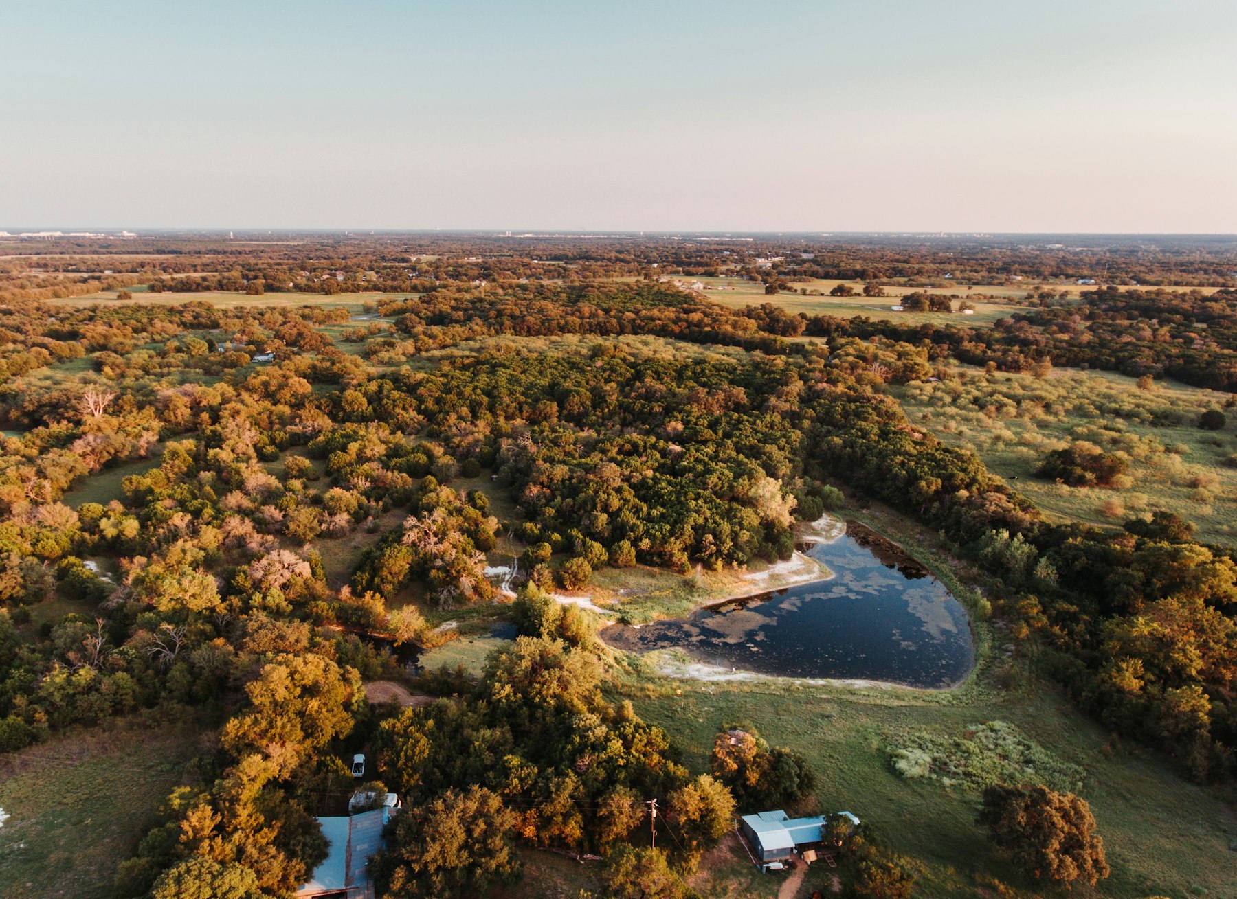 Aerial view of wooded acreage with a pond
