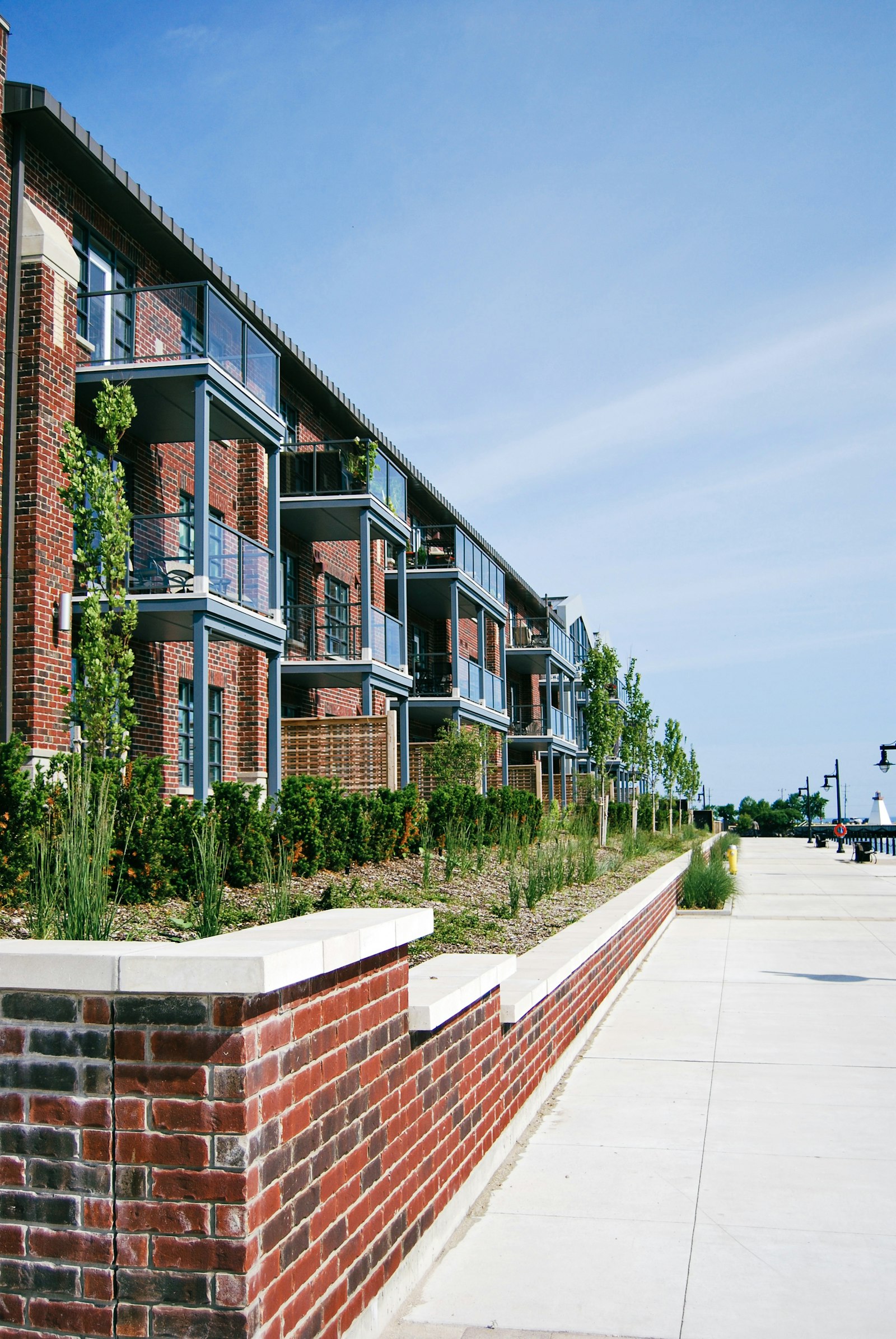 Brick low-rise apartment building with balconies